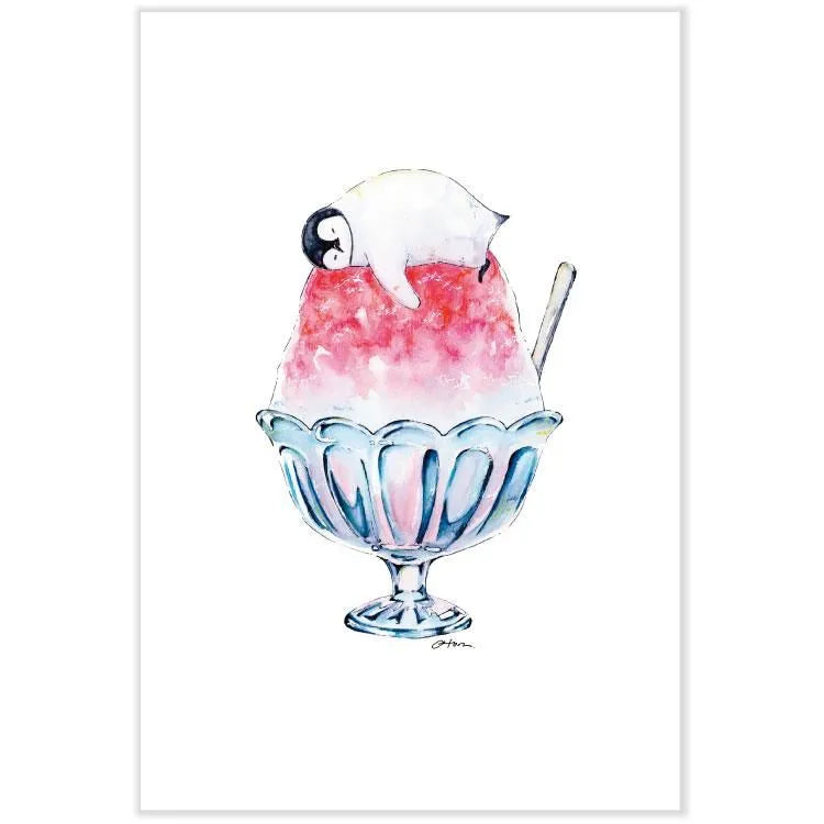 Postcard: オトン (Oton): Penguin with Kakigori (Shaved ice)