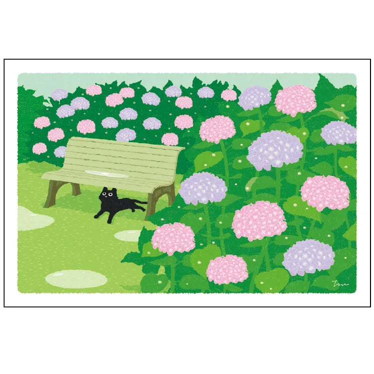 Postcard: もり としのり (Mori Toshinori): たびねこ (Tabi-Neko: Travelling Cat): Hydrangea - Under the Bench