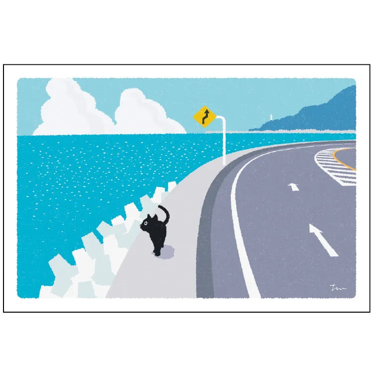 Postcard: もり としのり (Mori Toshinori): たびねこ (Tabi-Neko: Travelling Cat): Seaside Road