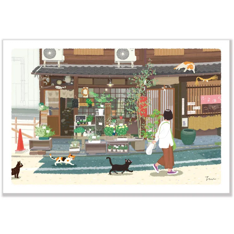 Postcard: もり としのり (Mori Toshinori): たびねこ (Tabi-Neko: Travelling Cat): Flower Shop in Kyoto