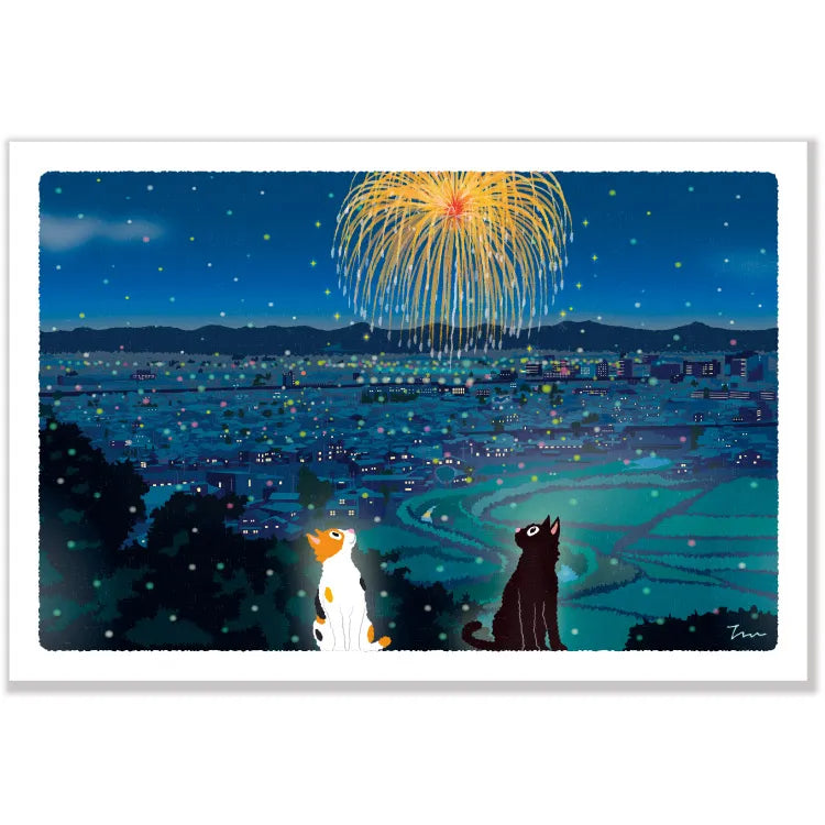 Postcard: もり としのり (Mori Toshinori): たびねこ (Tabi-Neko: Travelling Cat): Hanabi (Fireworks)
