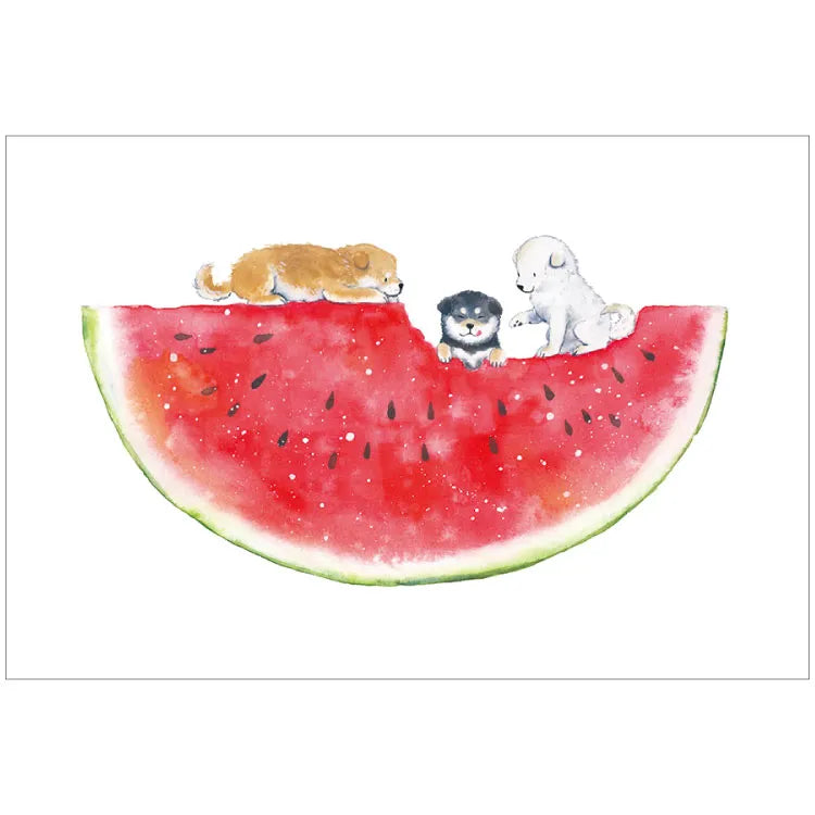 Postcard: 村田 夏佳 (Natsuka Murata): Shiba-Inu with Watermelon