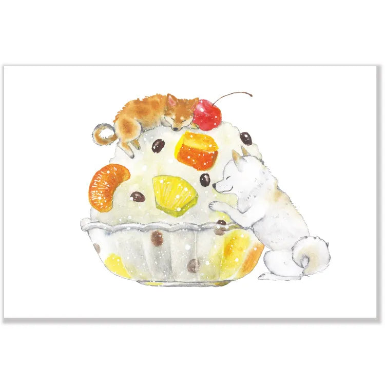 Postcard: 村田 夏佳 (Natsuka Murata): Shiba-Inu with Shiro Kuma Kakigori (Shaved Ice)