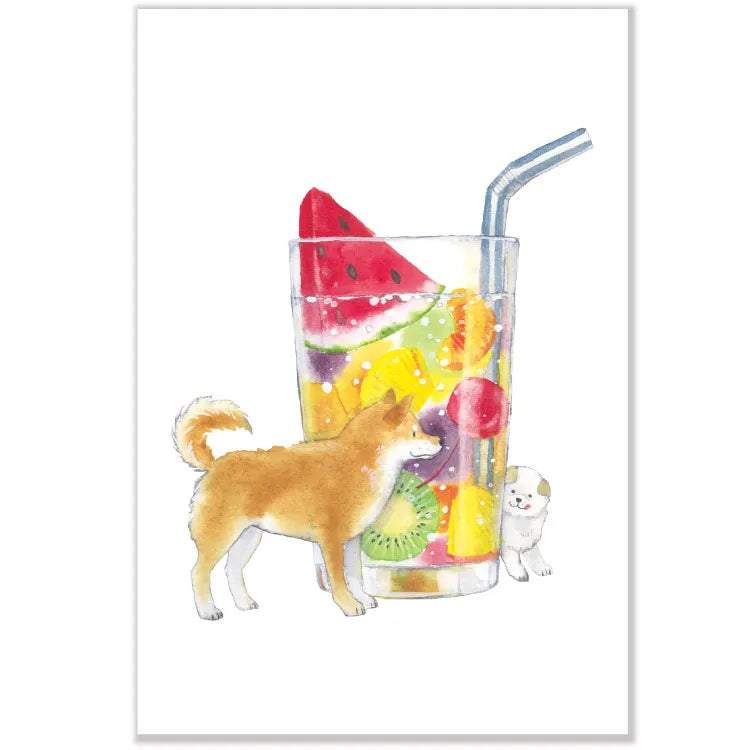 Postcard: 村田 夏佳 (Natsuka Murata): Shiba-Inu with Fruit Punch