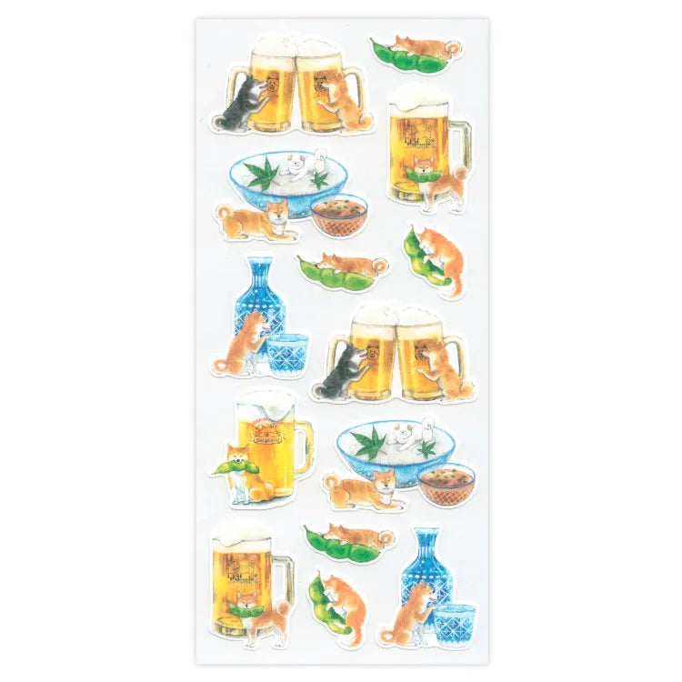 Stickers Sheet: 村田 夏佳 (Natsuka Murata): Shiba-Inu with Beer & Edamame (Green Soybeans)