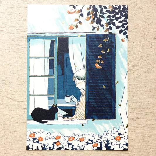 Cozyca products: Sayuri Fujimaki: Postcard - 窓辺、コーヒー (A Tranquil Afternoon Interlude)