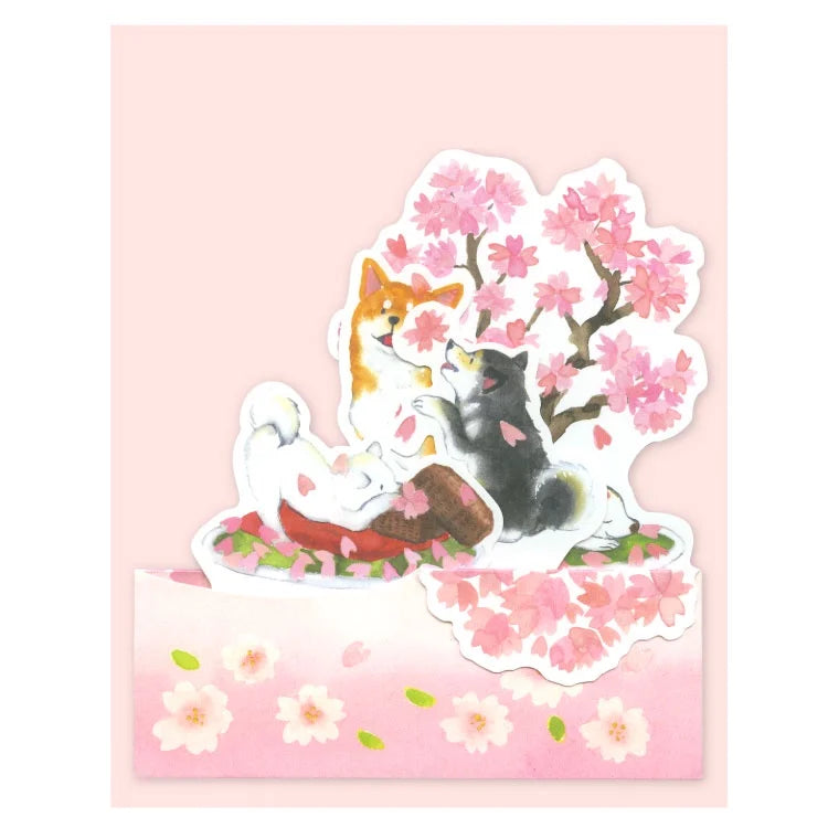 3D Greeting Card: 村田 夏佳 (Natsuka Murata): Shiba-Inu with Sakura Bonsai