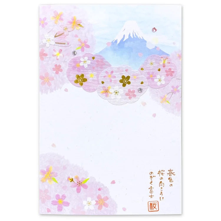 Handmade Collage Postcard by ITOMAKI: Traditional Japanese Scenery, Mt. Fuji and Sakura