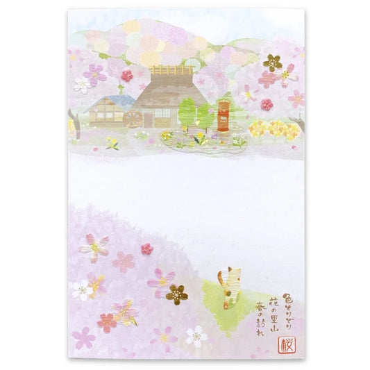 Handmade Collage Postcard by ITOMAKI: Traditional Japanese Scenery, Sakura and Cat