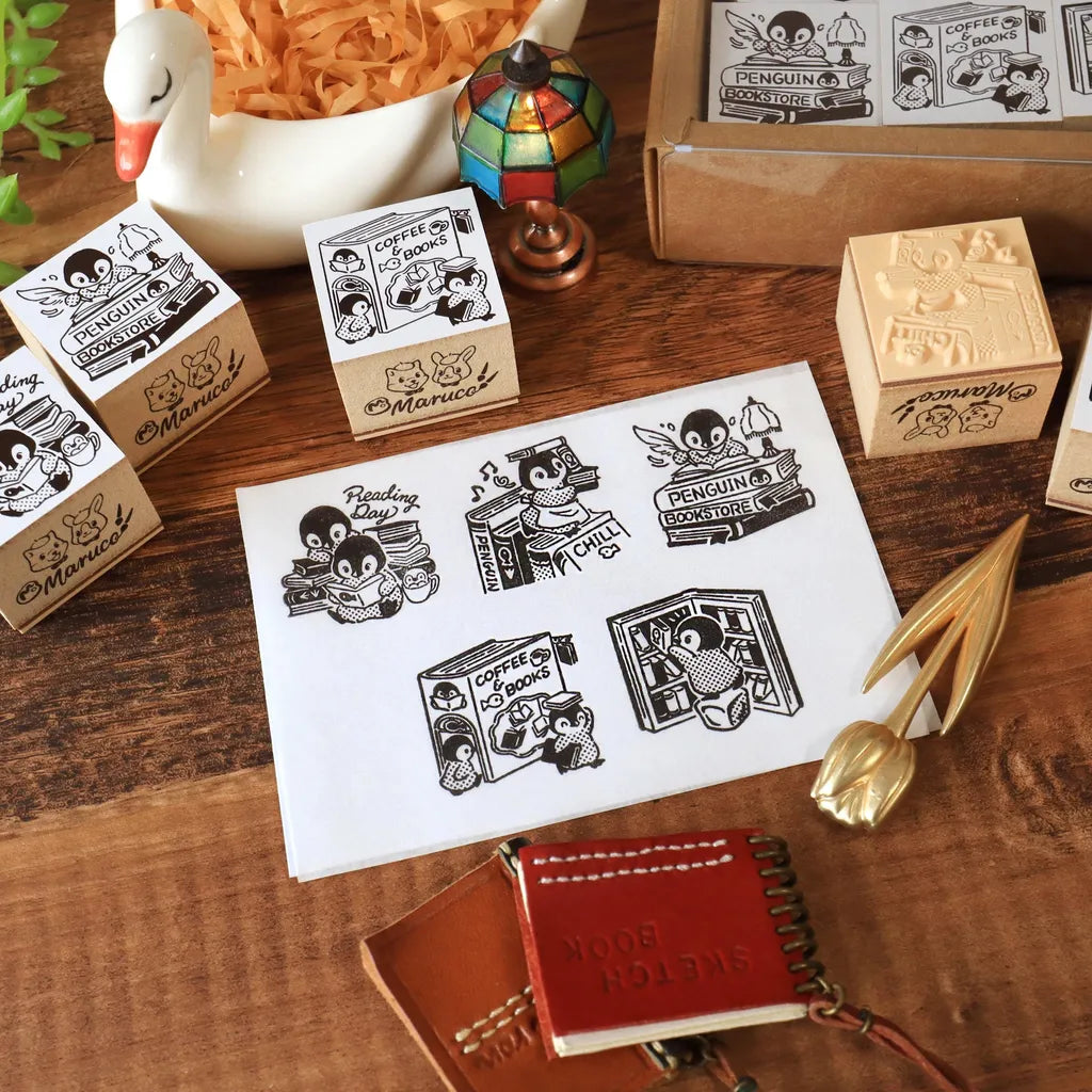 Maruco: Little Penguin Bookstore - Wooden Rubber Stamp Set