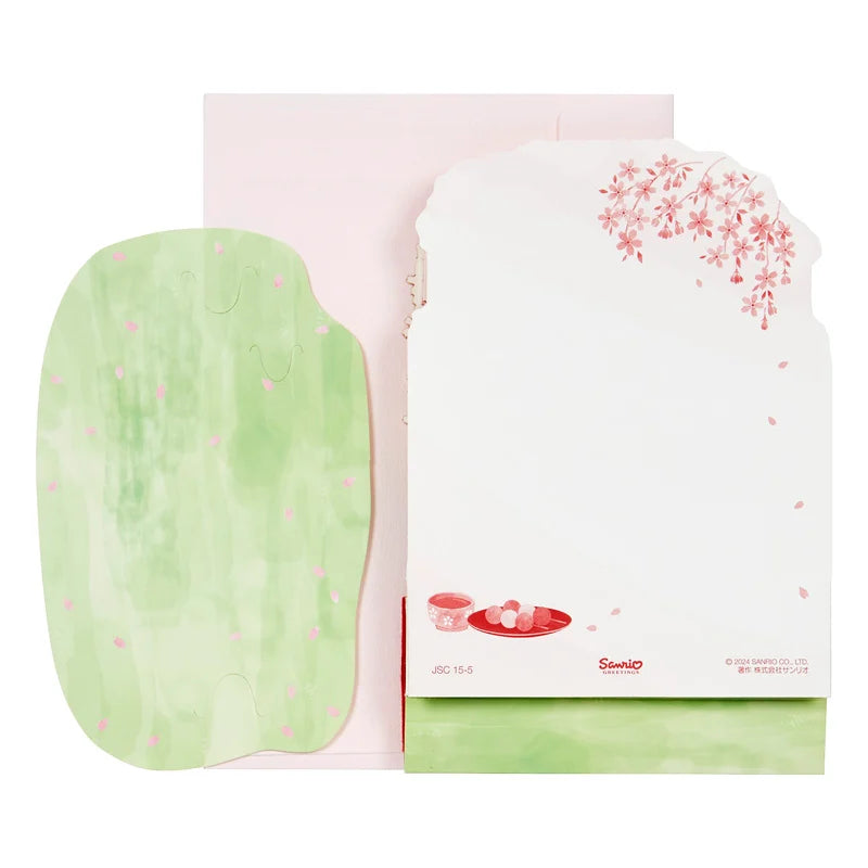 Greeting Card: Spring, Weeping cherry blossoms and tea bench with parasaol